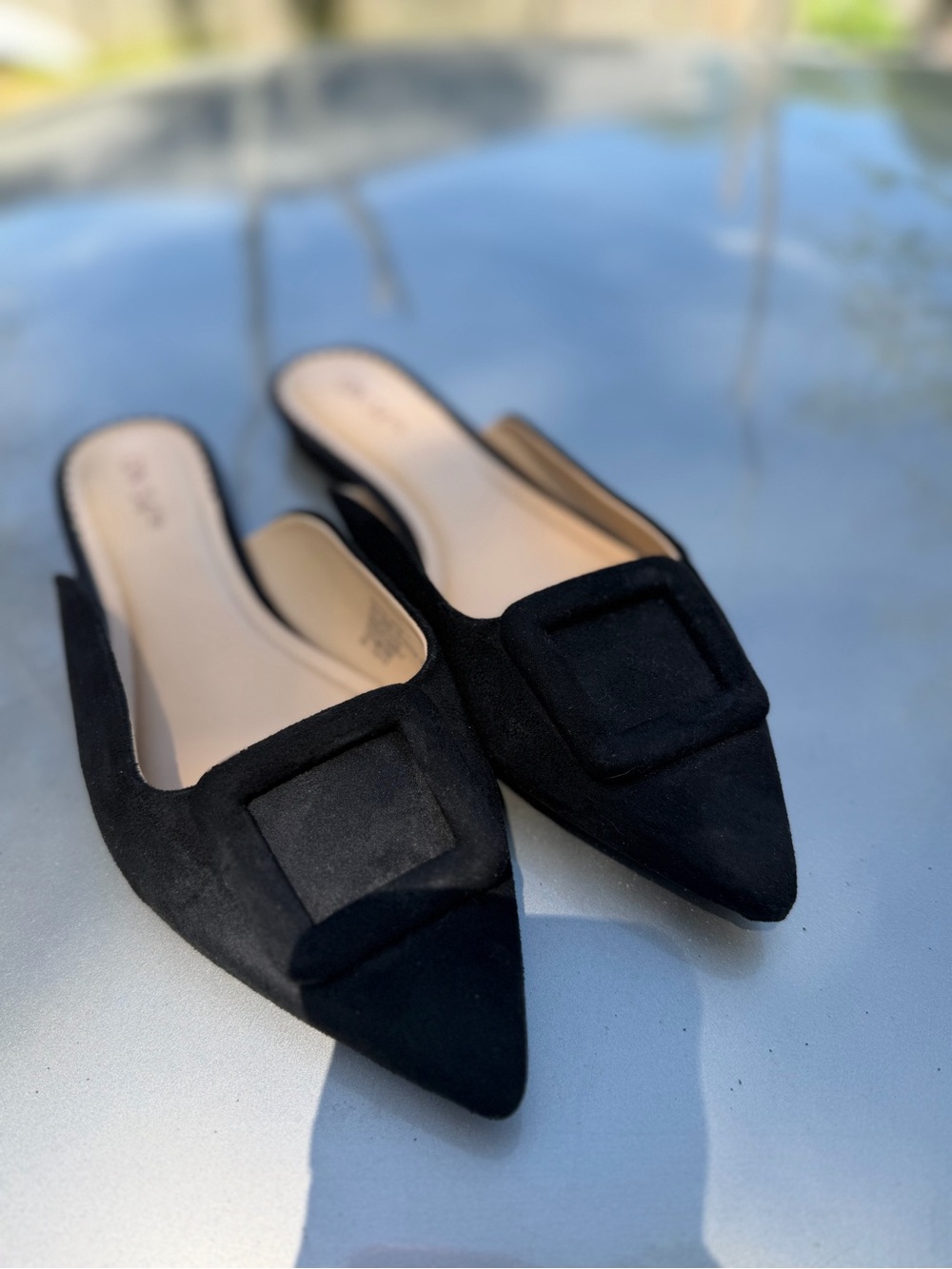 Women's Black Pointed Suede Mule with Square Accent